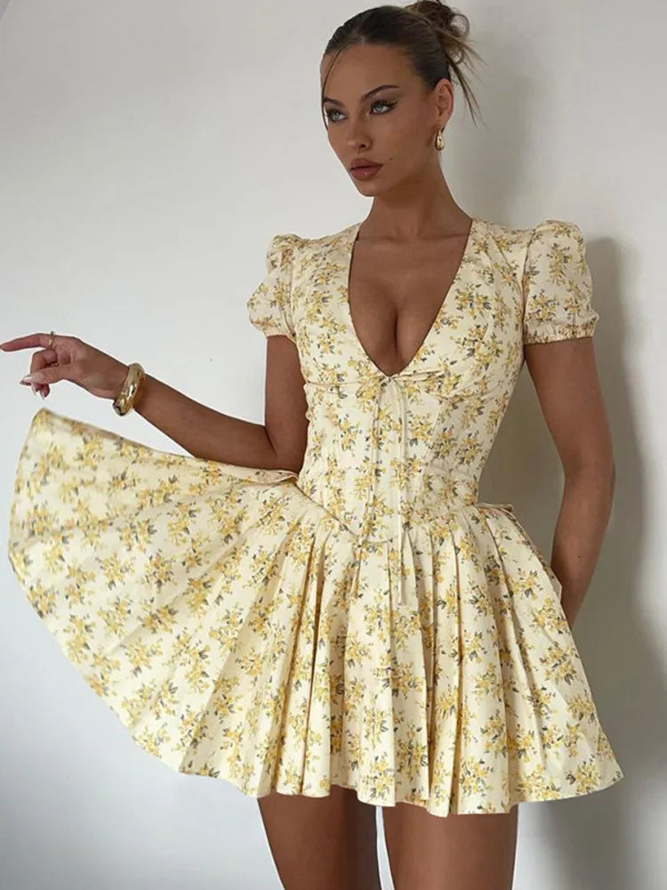 Deep V Neck Print Sexy Mini Dress for Women Fashion Lace-Up Short Sleeve A-Line Pleated Dress Elegant New Clothes