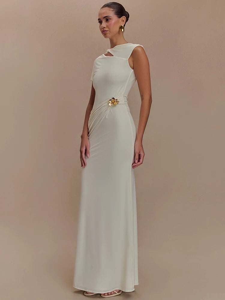 Hollow Out Gold Clasp Sexy Maxi Dress for Women Gown Solid Sleeveless Backless Ruched Bodycon Club Long Dress Elegant