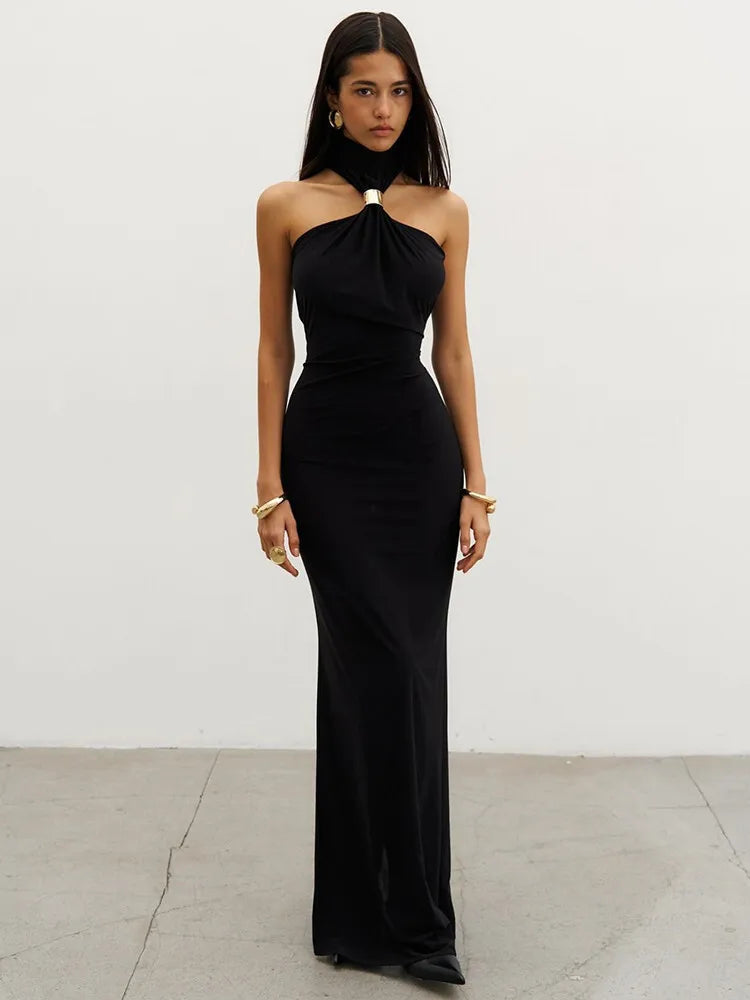 Turtleneck Off-Shoulder Sexy Knit Maxi Dress for Women Gown Metal Buckle Strapless Sleeveless High Waist Knitted Dress