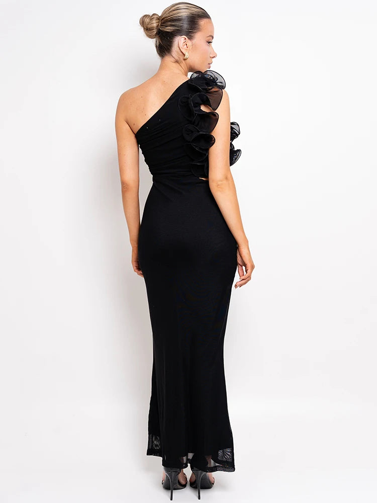 Shoulder Floral Mesh Ruched Sexy Maxi Dress for Women Gown Oblique Shoulder Sleeveless Backless Bodycon Long Dress