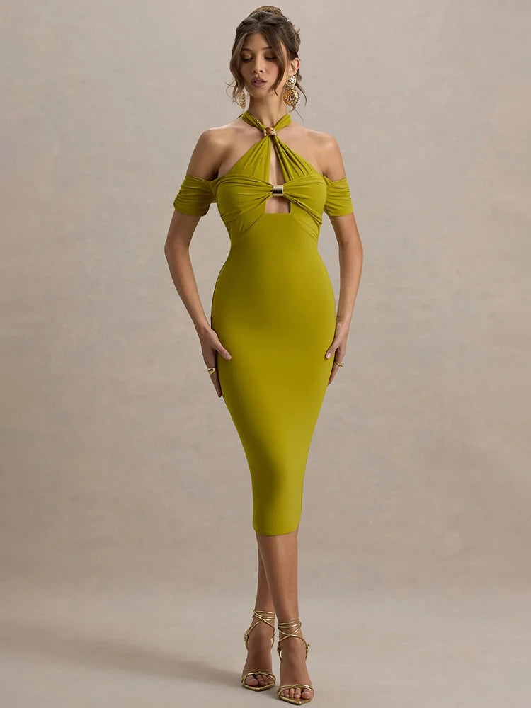 Hollow Out Halter Backless Sexy Midi Dress Women Fashion Off-Shoulder Sleeveless Skinny Club Party Long Dress Elegant