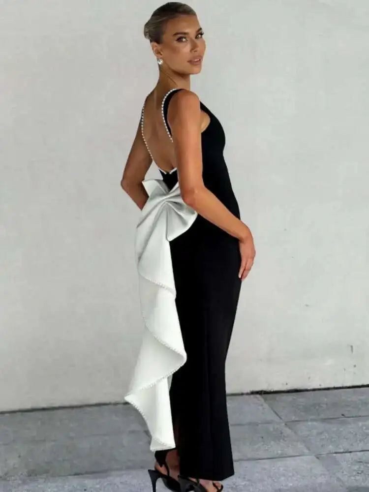 Elegant Pearl Bow Backless Sexy Maxi Dress Women Gown Fashion Sleeveless High Waist A-Line Club Party Long Dress