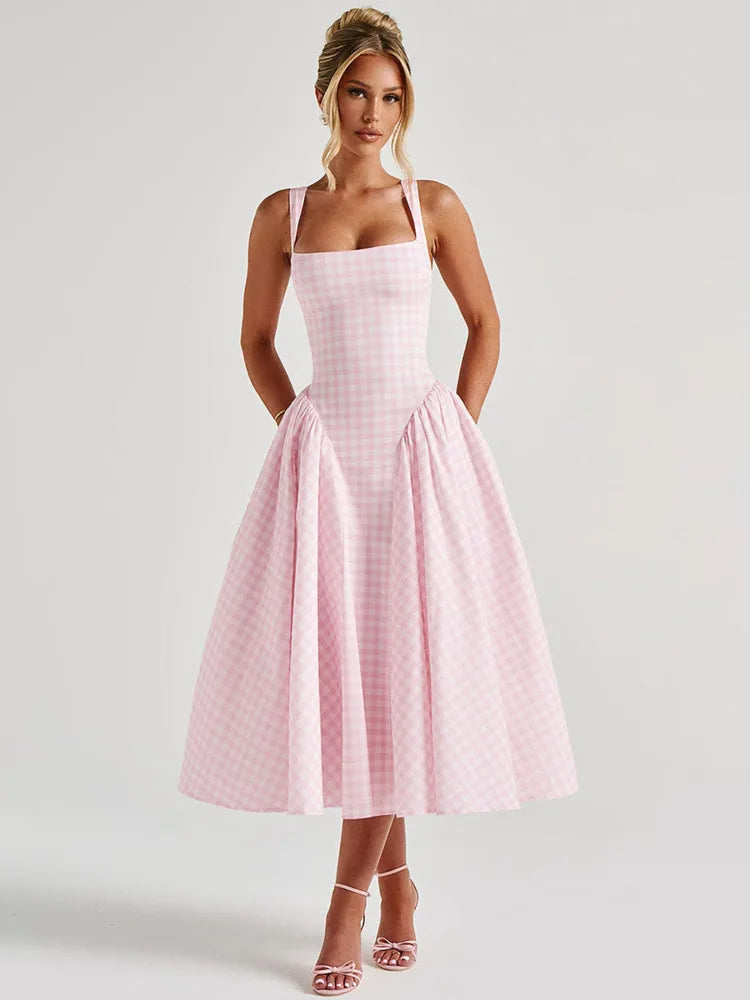 Plaid Printed Maxi Dress for Women Gown Summer New Spaghetti Strap High Waist A-Line Backless Club Long Dress Vestido