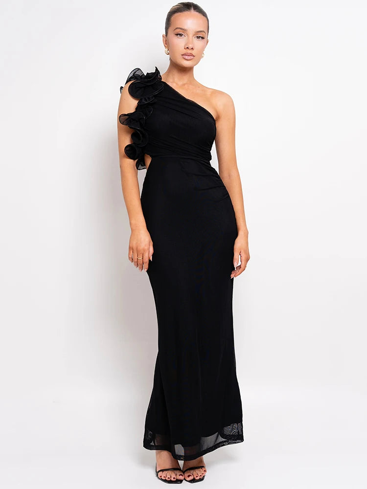 Shoulder Floral Mesh Ruched Sexy Maxi Dress for Women Gown Oblique Shoulder Sleeveless Backless Bodycon Long Dress