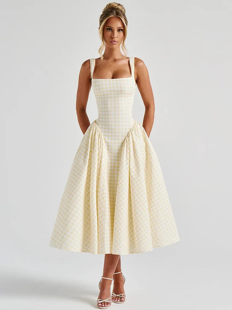 Plaid Printed Maxi Dress for Women Gown Summer New Spaghetti Strap High Waist A-Line Backless Club Long Dress Vestido