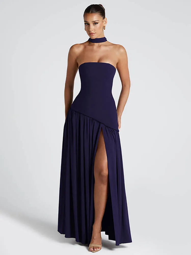 Elegant Off-Shoulder Sexy Maxi Dress Women Gown Scarf Collar Strapless Sleeveless Backless High Split Long Dress Female