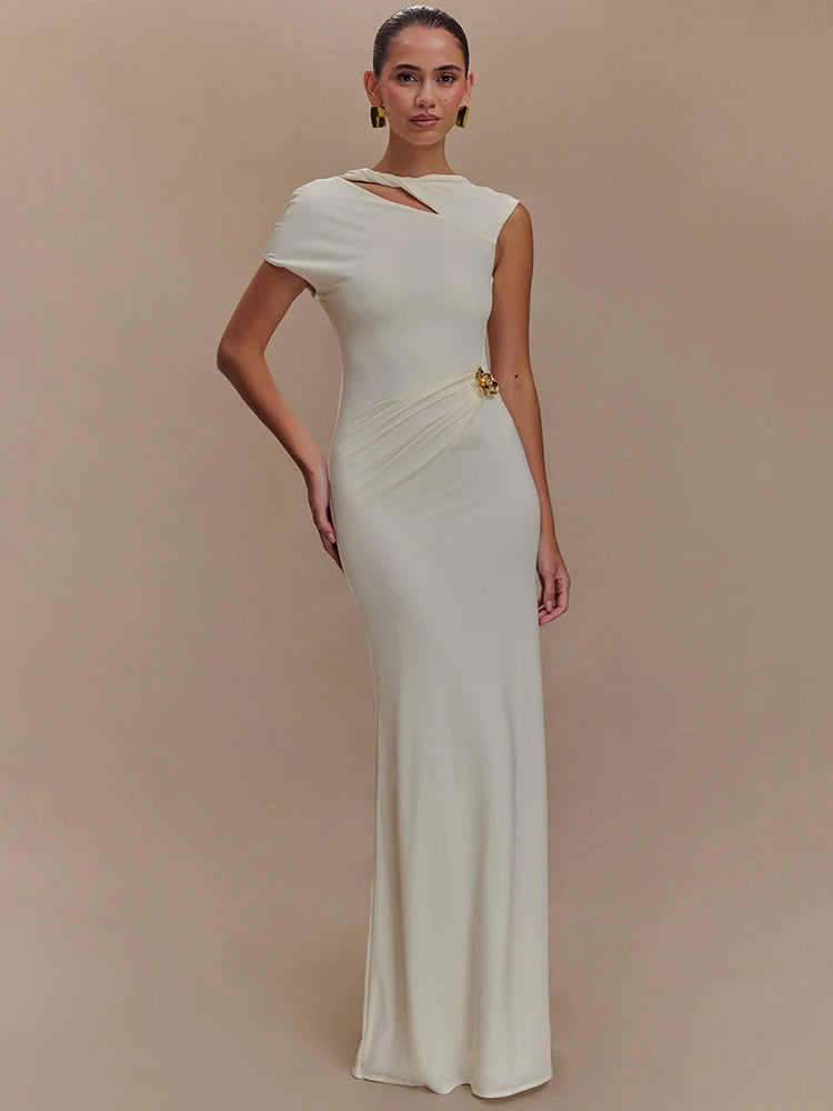 Hollow Out Gold Clasp Sexy Maxi Dress for Women Gown Solid Sleeveless Backless Ruched Bodycon Club Long Dress Elegant