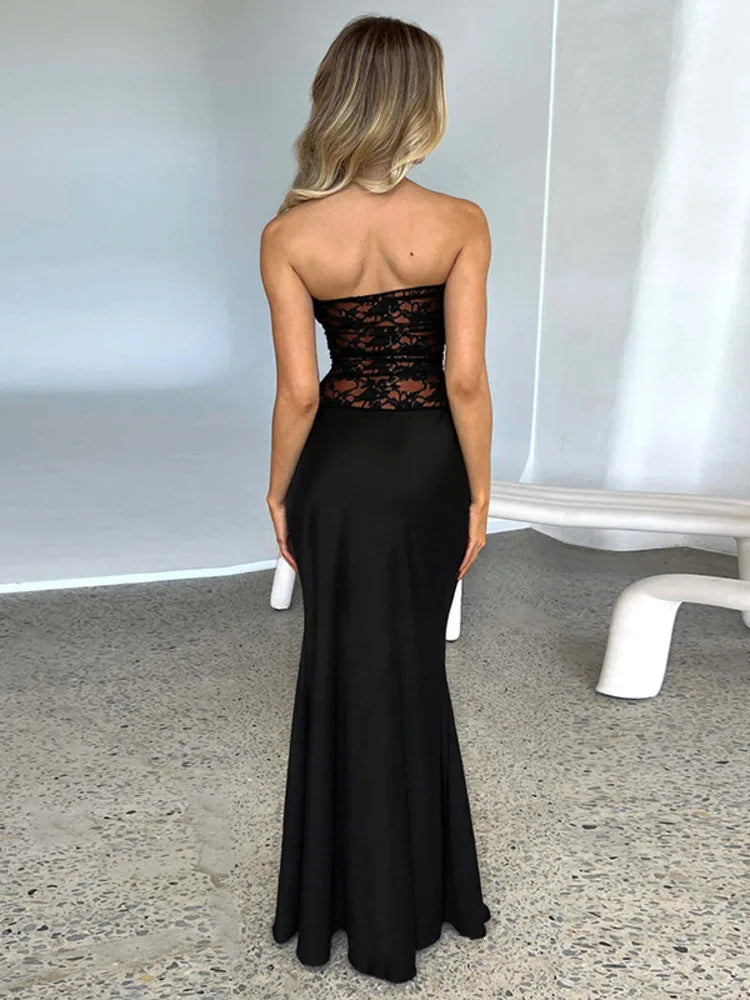 Lace See through Strapless Sexy Maxi Dress Women Black Off-Shoulder Backless Sleeveless Bodycon High Waist Long Dress