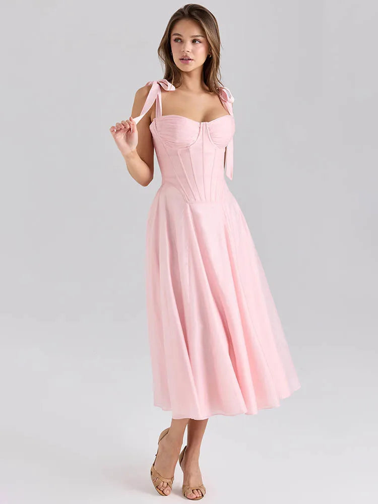 Pink Chiffon Tie Strap Sexy Midi Dress Women Pink Spaghetti Strap Sleeveless Backless Lace-Up A-Line Club Party Dress