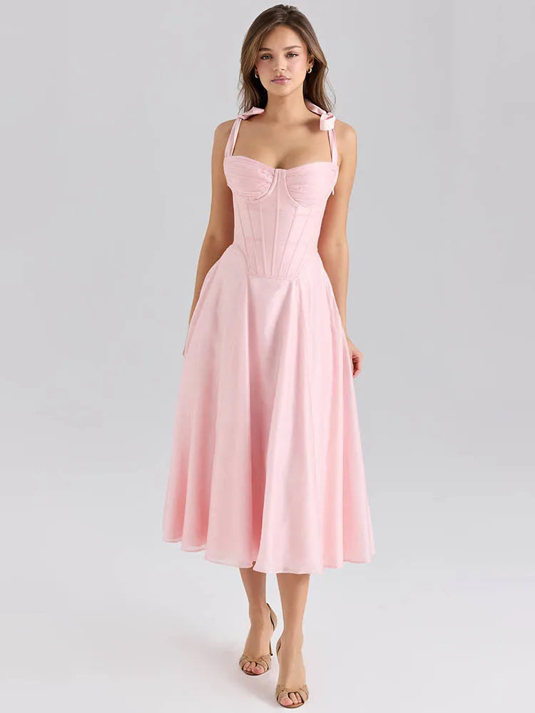 Pink Chiffon Tie Strap Sexy Midi Dress Women Pink Spaghetti Strap Sleeveless Backless Lace-Up A-Line Club Party Dress