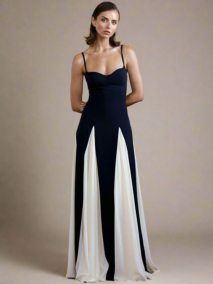 Elegant Patchwork Spaghetti Strap Long Dress for Women Fashion Sleeveless Backless Sexy Evening Maxi Dress Fashion