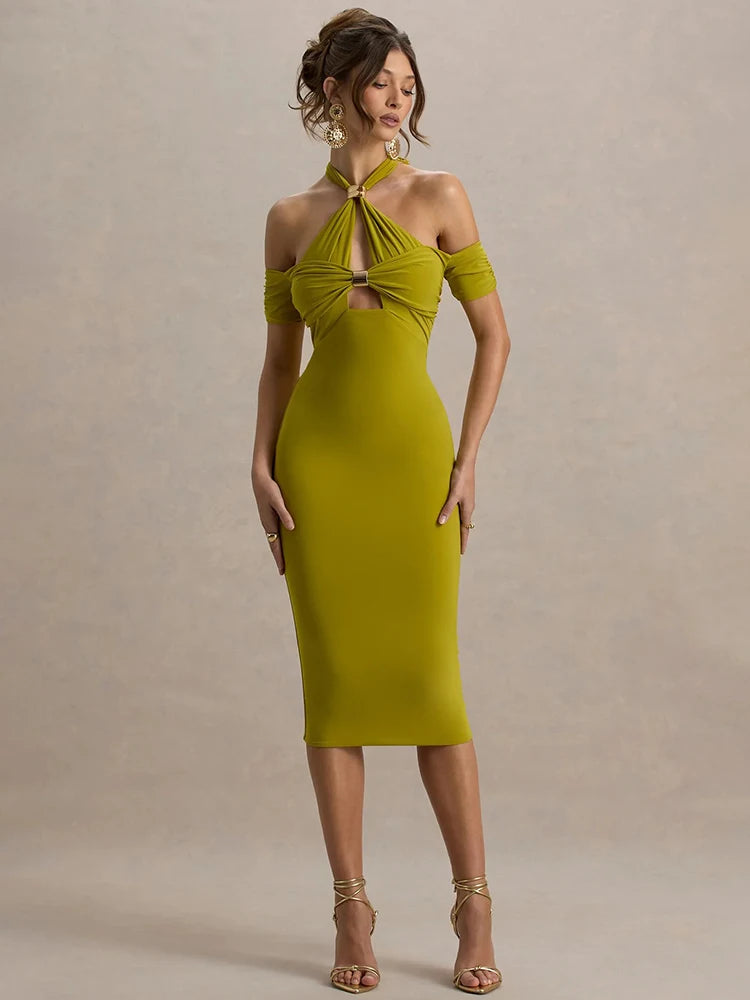 Hollow Out Halter Backless Sexy Midi Dress Women Fashion Off-Shoulder Sleeveless Skinny Club Party Long Dress Elegant