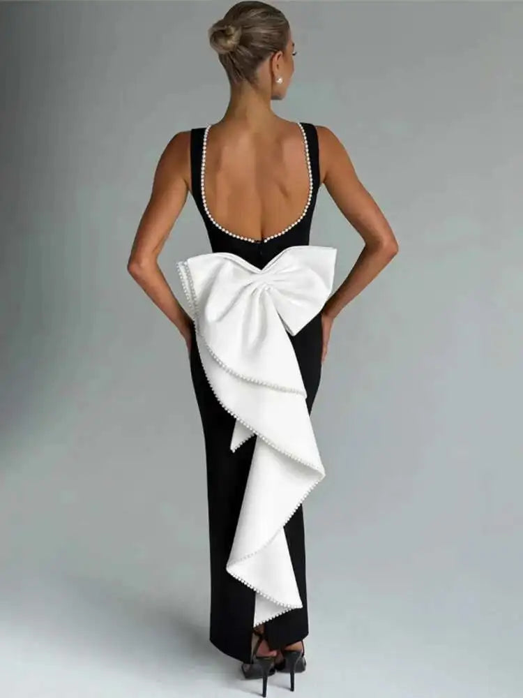 Elegant Pearl Bow Backless Sexy Maxi Dress Women Gown Fashion Sleeveless High Waist A-Line Club Party Long Dress