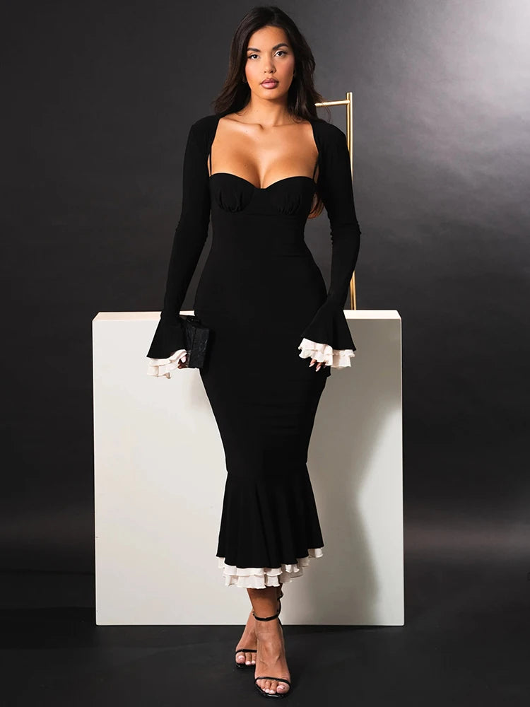 Elegant Long Sleeve Sexy Maxi Dress for Women Gown Fashion Patchwork Square Collar Bodycon Evening Fishtail Dress