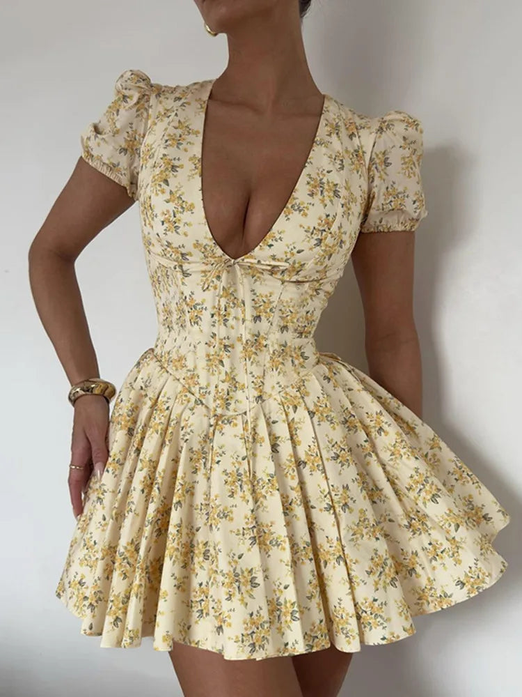 Deep V Neck Print Sexy Mini Dress for Women Fashion Lace-Up Short Sleeve A-Line Pleated Dress Elegant New Clothes