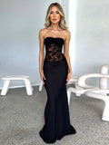 Lace See through Strapless Sexy Maxi Dress Women Black Off-Shoulder Backless Sleeveless Bodycon High Waist Long Dress