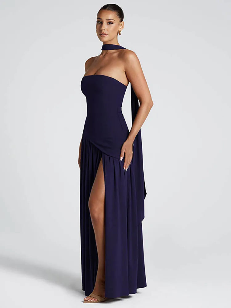 Elegant Off-Shoulder Sexy Maxi Dress Women Gown Scarf Collar Strapless Sleeveless Backless High Split Long Dress Female