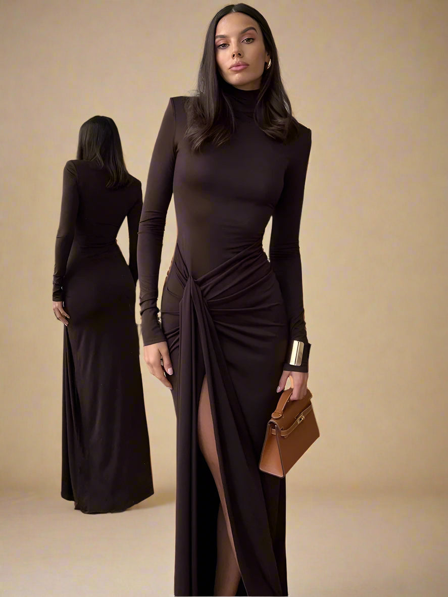 Turtleneck Thigh High Split Sexy Maxi Dress for Women Fashion Long Sleeve Draped Bandage Bodycon Club Long Dress