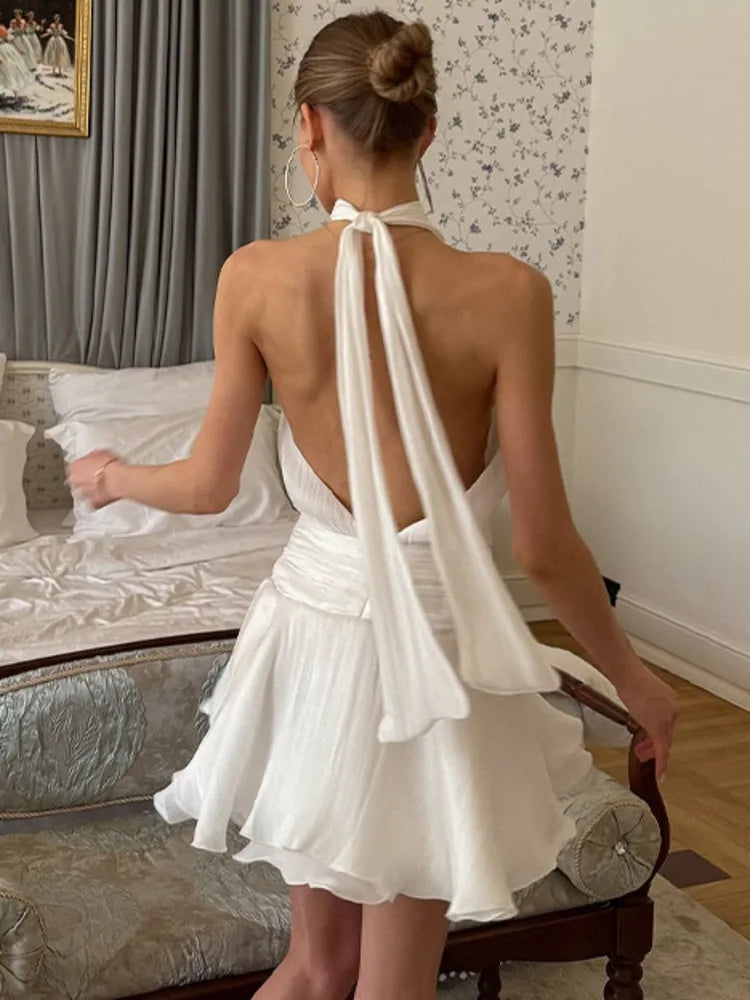 Chiffon Flower Backless Sexy Mini Dress Women White Halter Sleeveless A-Line Ruffle Club Party Dress Elegant Fashion